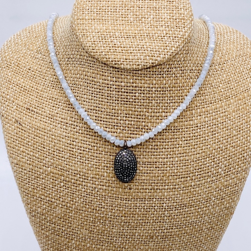 Pave Oval Light Blue Beaded Quartz Necklace 16" - Picture 2 of 6